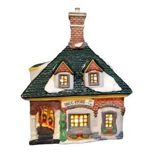 Vtg 1990's Heartland Valley Village Deluxe Lighted Christmas Drug Store Snow